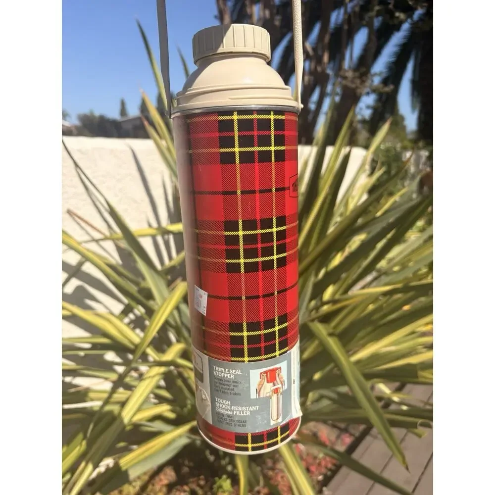 Vintage Thermos Metal Plaid Vacuum Flask Red Black NOP Collectible